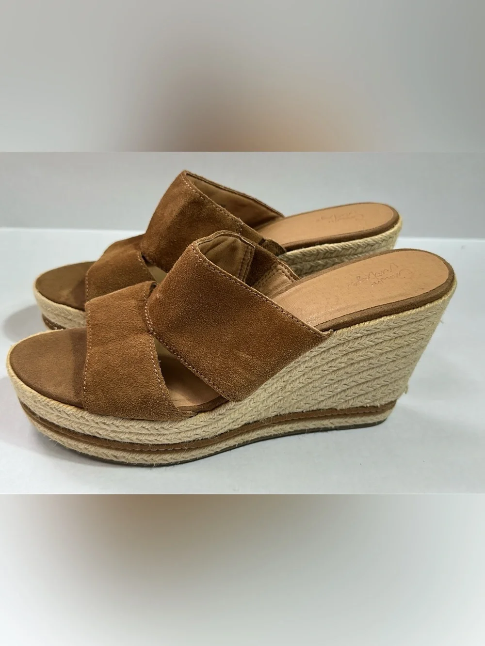 Crown Tan Suede Espadrille Platform Wedge Size 10